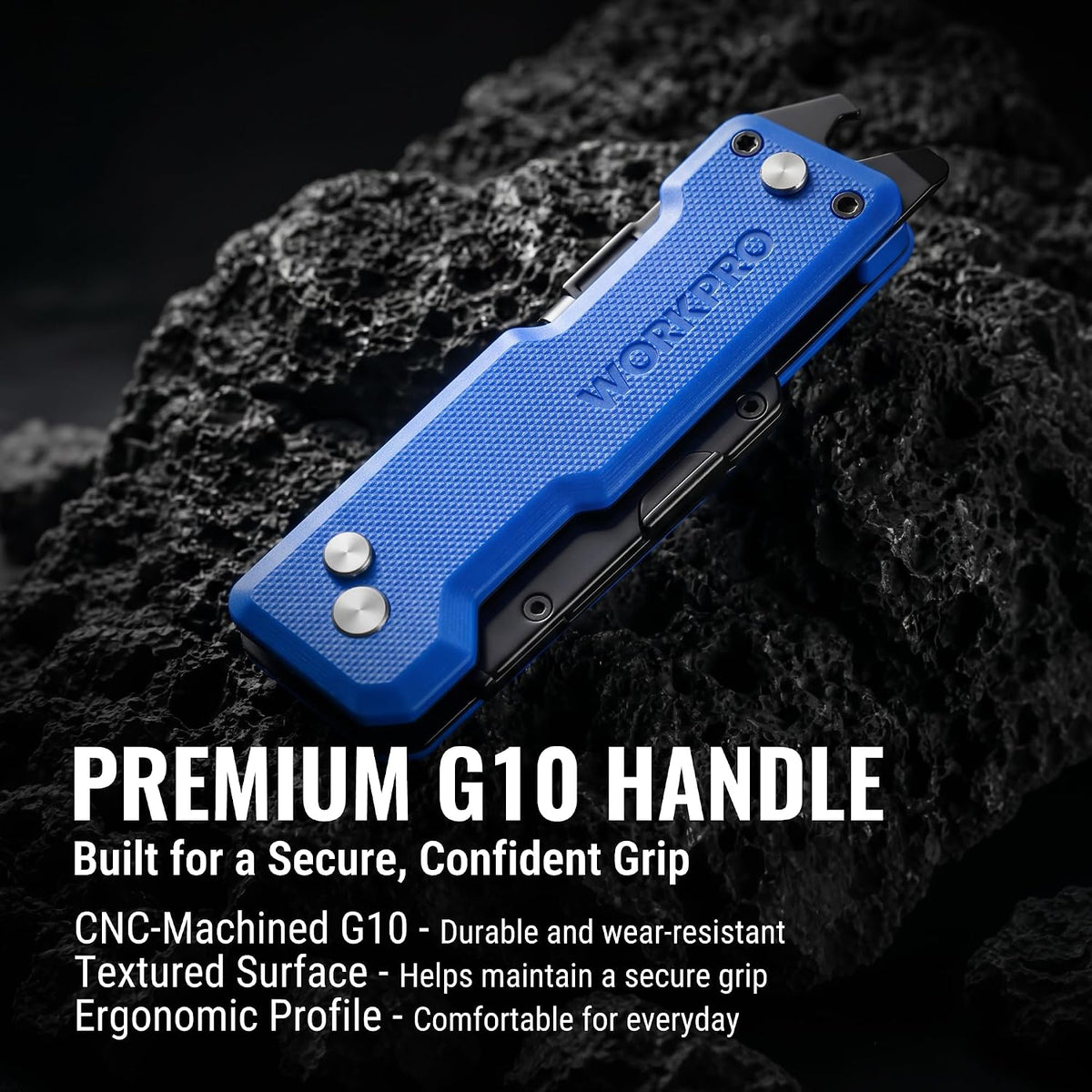Workpro premium folding utility knife with driver in blue, textured handle and durable construction for everyday use.