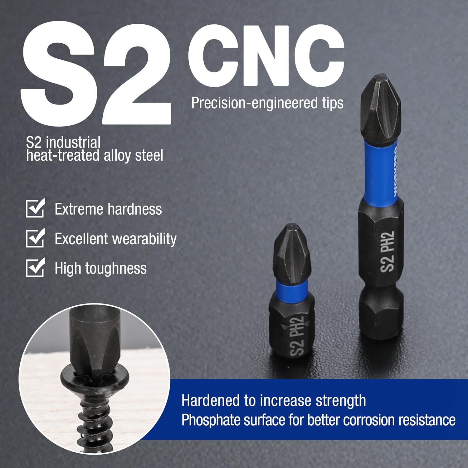 Single S2 PH2 CNC-machined impact bit with blue collar, hardened tip, 1/4-inch hex shank