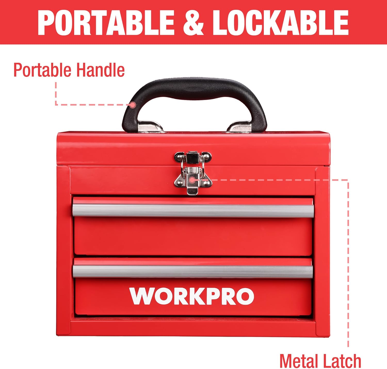 Red metal mini tool chest with ergonomic carry handle and metal latch