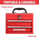 WORKPRO Portable Mini Tool Box, 2 Drawers Metal Tool Chest with Ball Bearing Slides, Top Storage with Latch, Ergonomic Carrying Handle, Mechanic Toolbox with PVC Liners and PP Feet Pads