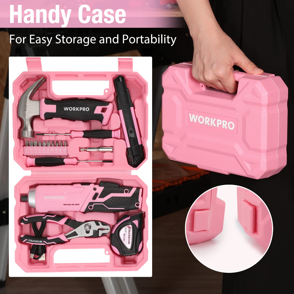Pink tool kit case open, showing cordless drill, bits, wrench, and accessories