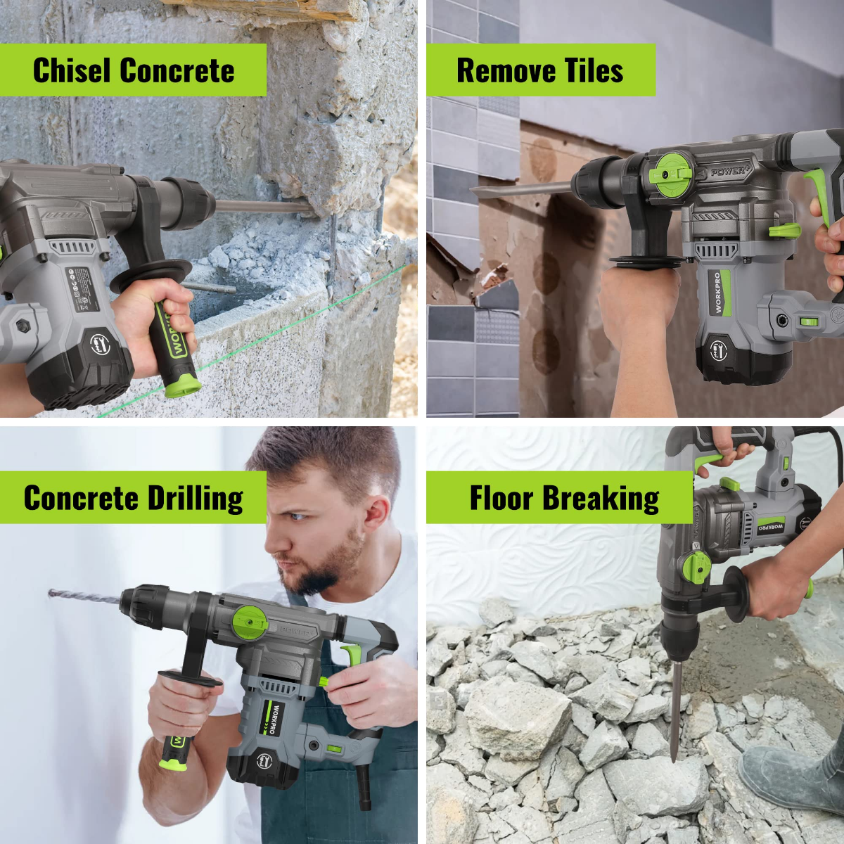 WORKPRO corded rotary hammer drill with chisel bit, used to break stone floor