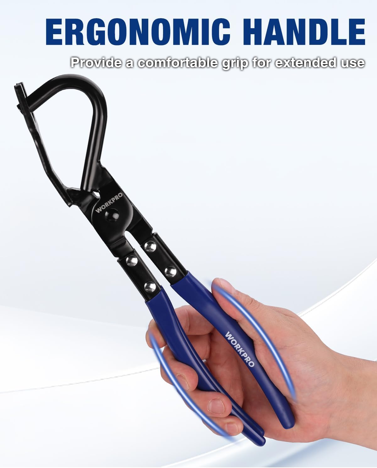 Ergonomic blue-and-black exhaust hanger pliers with curved handle for comfortable grip