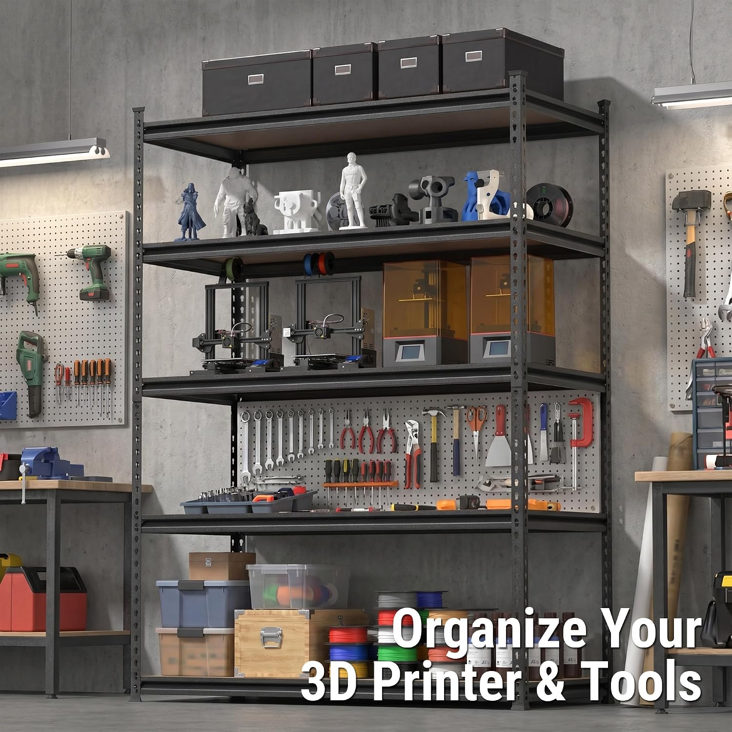 5-tier steel storage rack with particle board shelves holding tools, parts, and containers