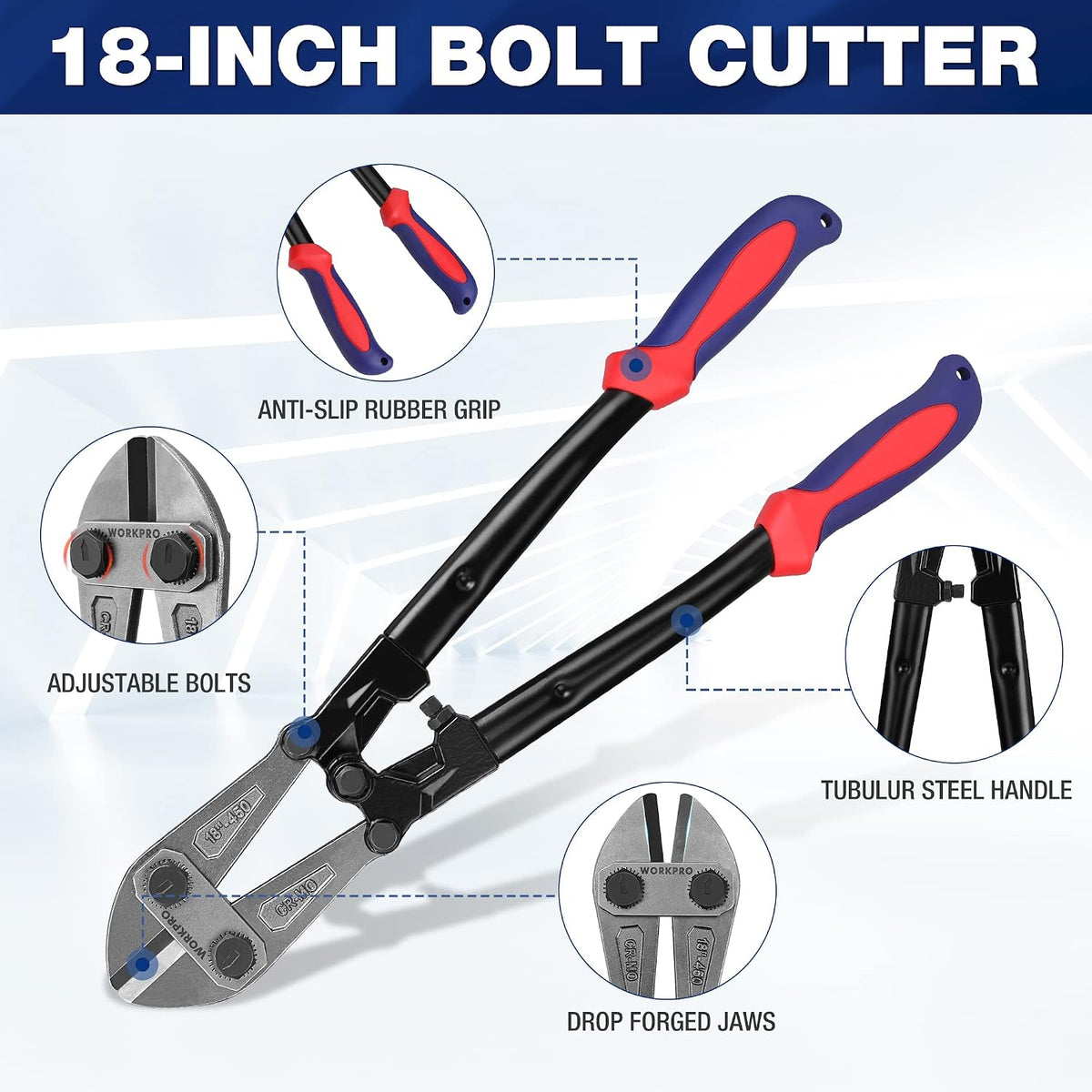 WORKPRO Bolt Cutter, Bi-Material Handle with Soft Rubber Grip, 18", Chrome Molybdenum Steel Blade