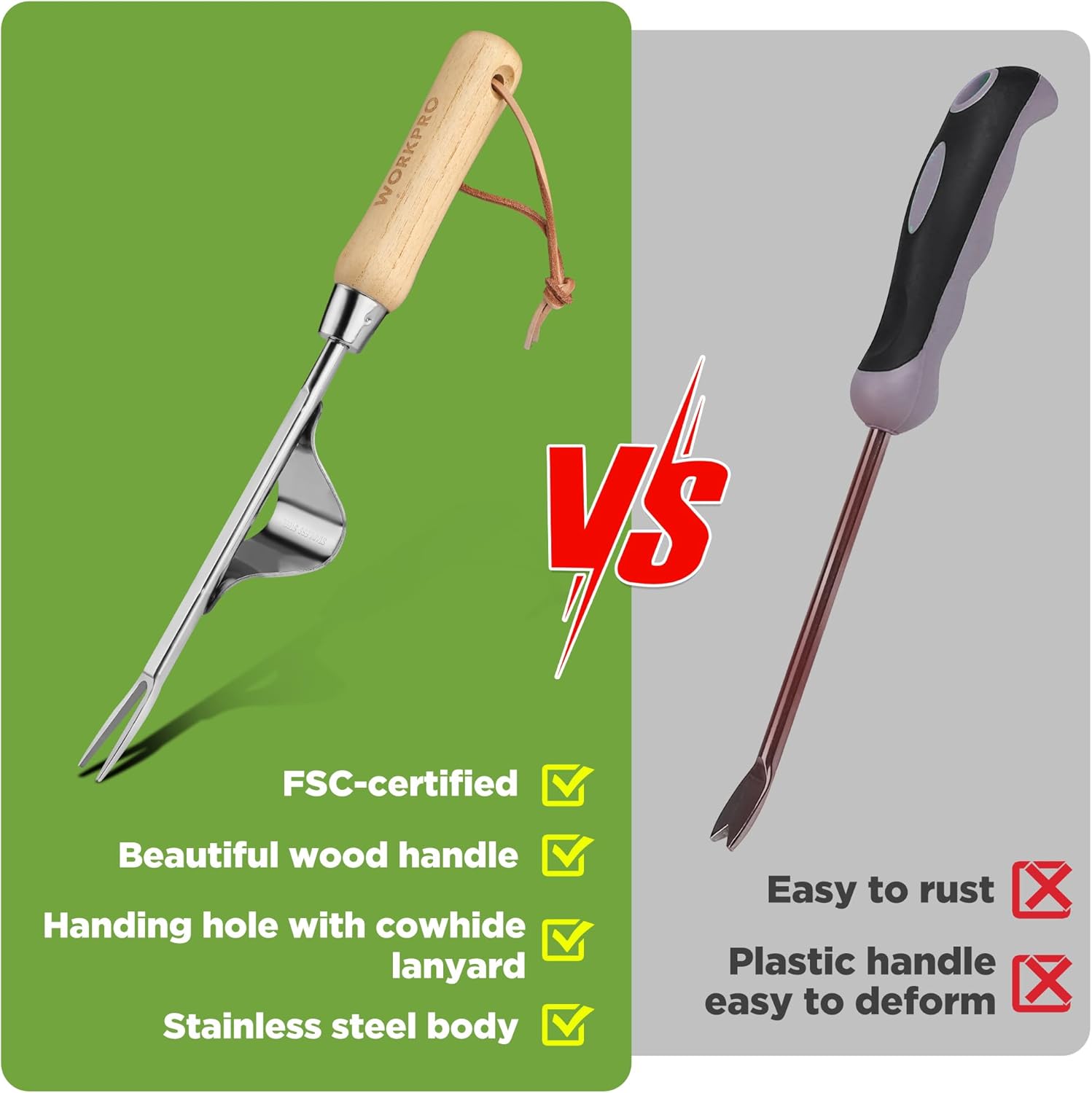 Weed puller tool with wooden handle, stainless steel body, and V-shaped fork