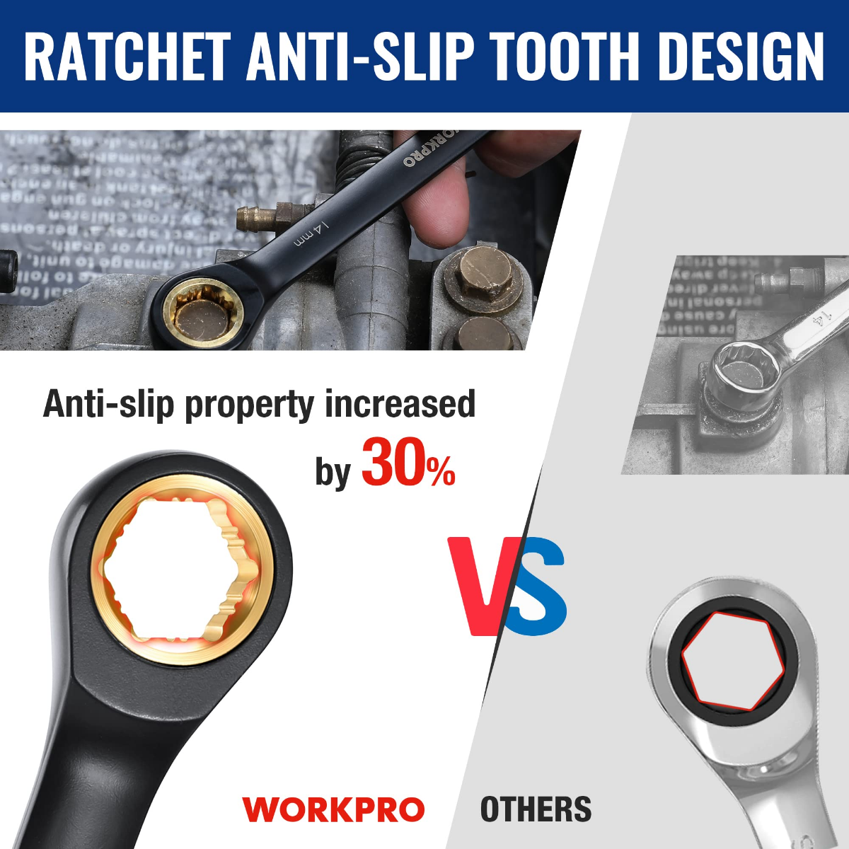 Black ratcheting combination wrench head set with anti-slip toothed drive, metric sizes