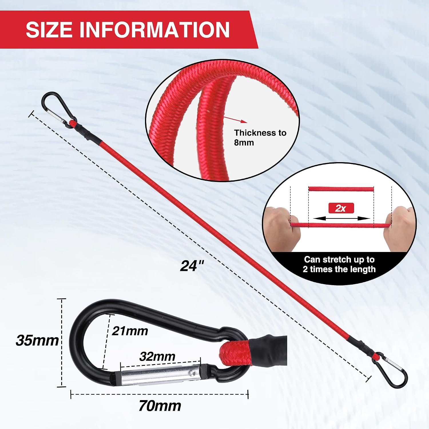Red bungee cord with black hooks, 24 inch elastic strap, thickness shown on inset