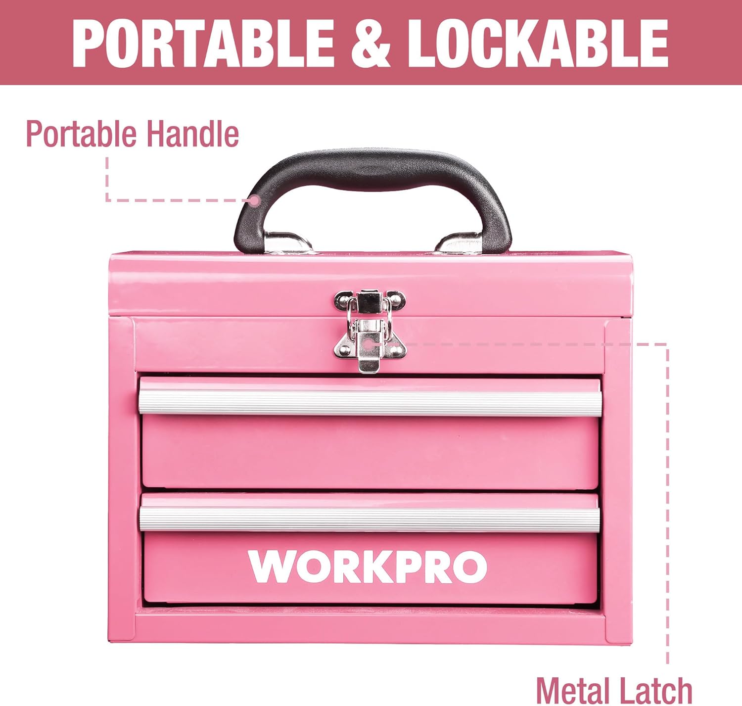 Pink metal mini tool chest with handle, front latch, and two drawers with rails