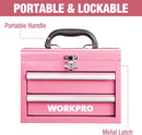 WORKPRO Portable Mini Tool Box, 2 Drawers Metal Tool Chest with Ball Bearing Slides, Top Storage with Latch, Ergonomic Carrying Handle, Toolbox with PVC Liners and PP Feet Pads - Pink Ribbon