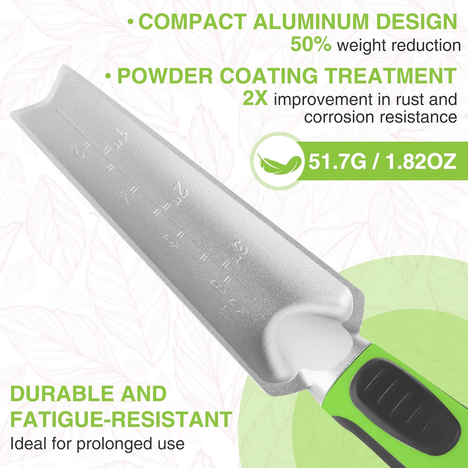 Aluminum garden hand trowel with green non-slip handle and powder-coated finish
