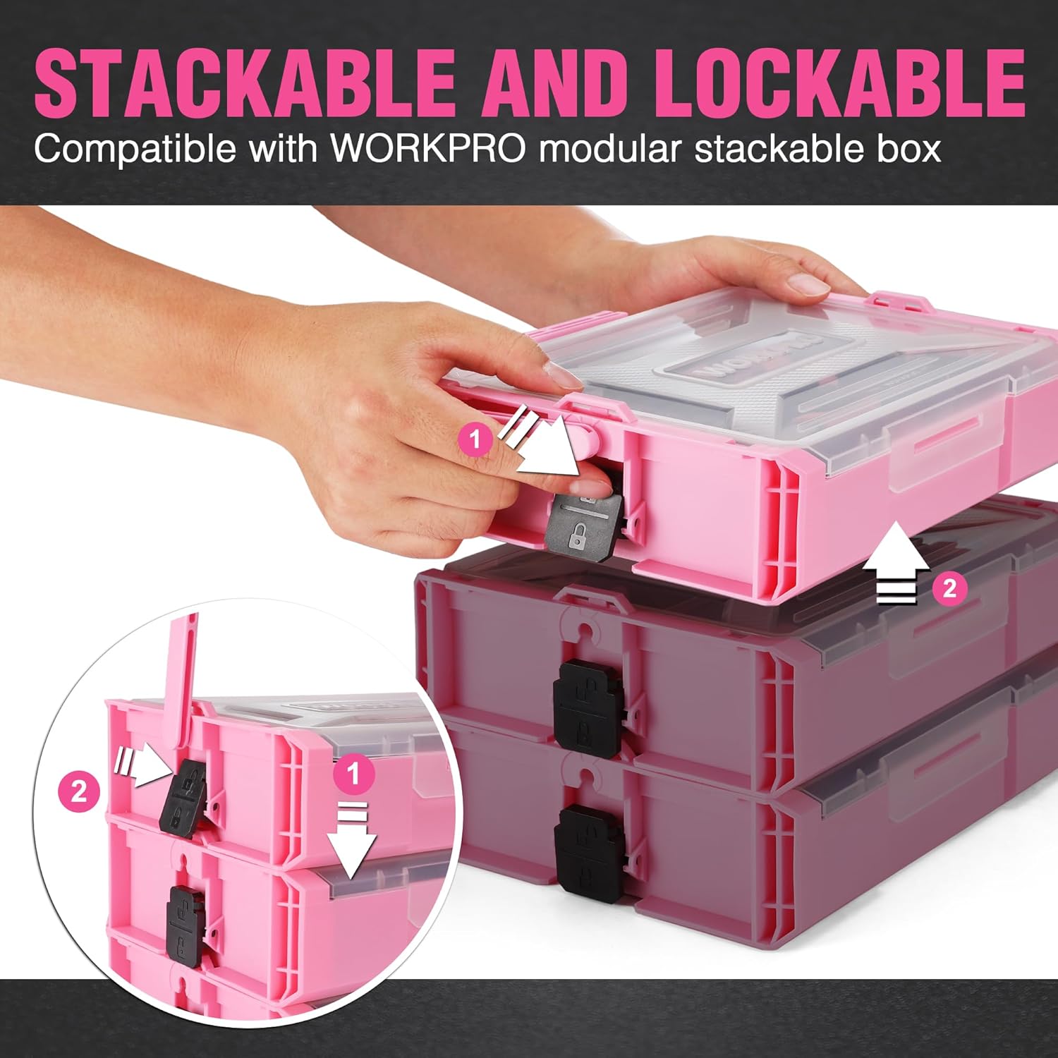 Pink stackable and lockable tool box with modular compartments for drill accessories