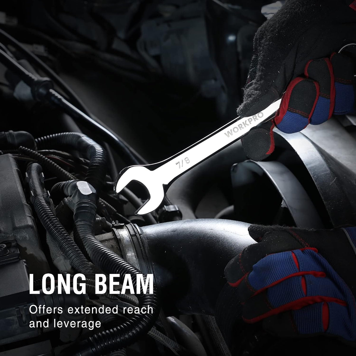 Long beam combination wrench with open end and 12-point box end, chrome finish