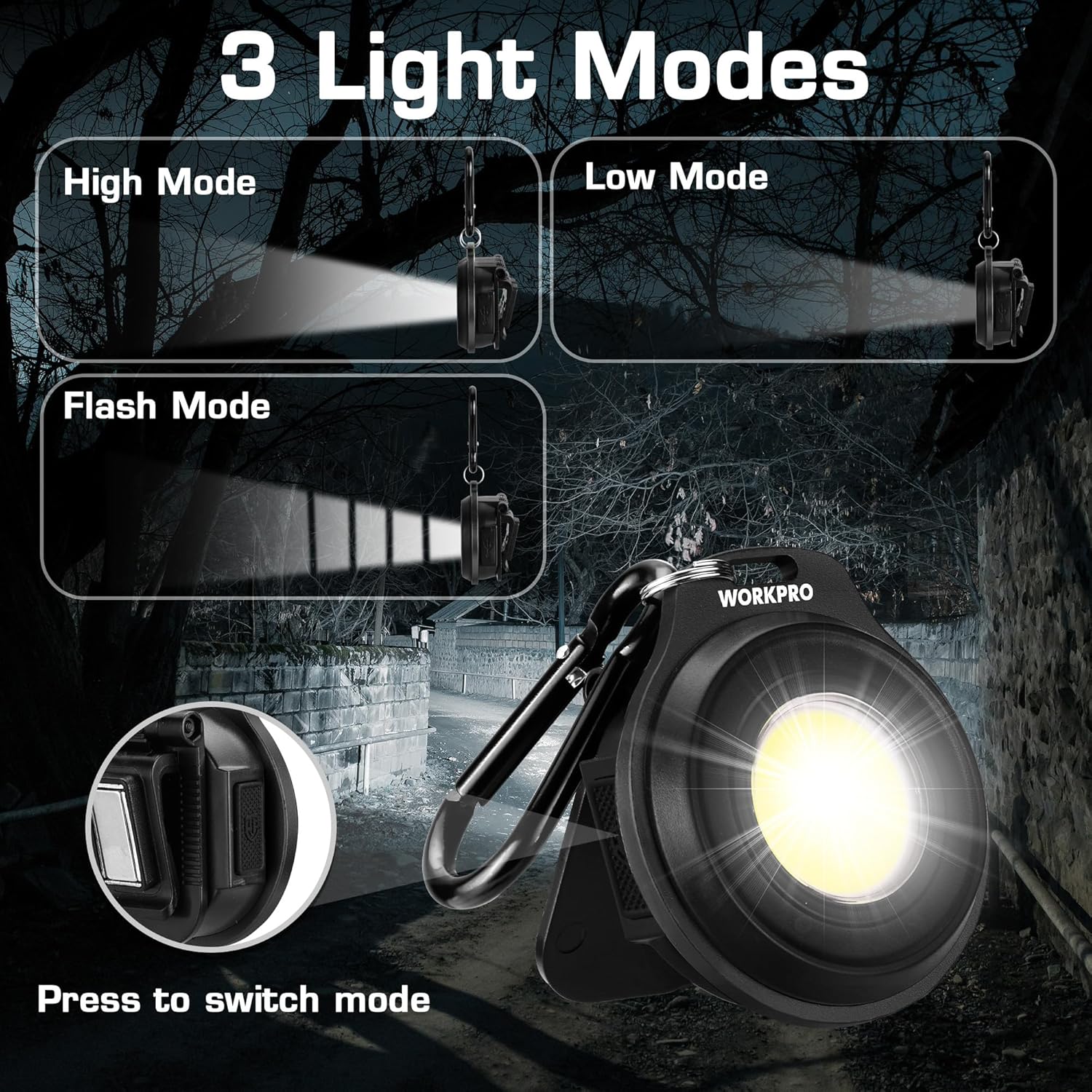 Black COB keychain work light with carabiner, showing three light modes