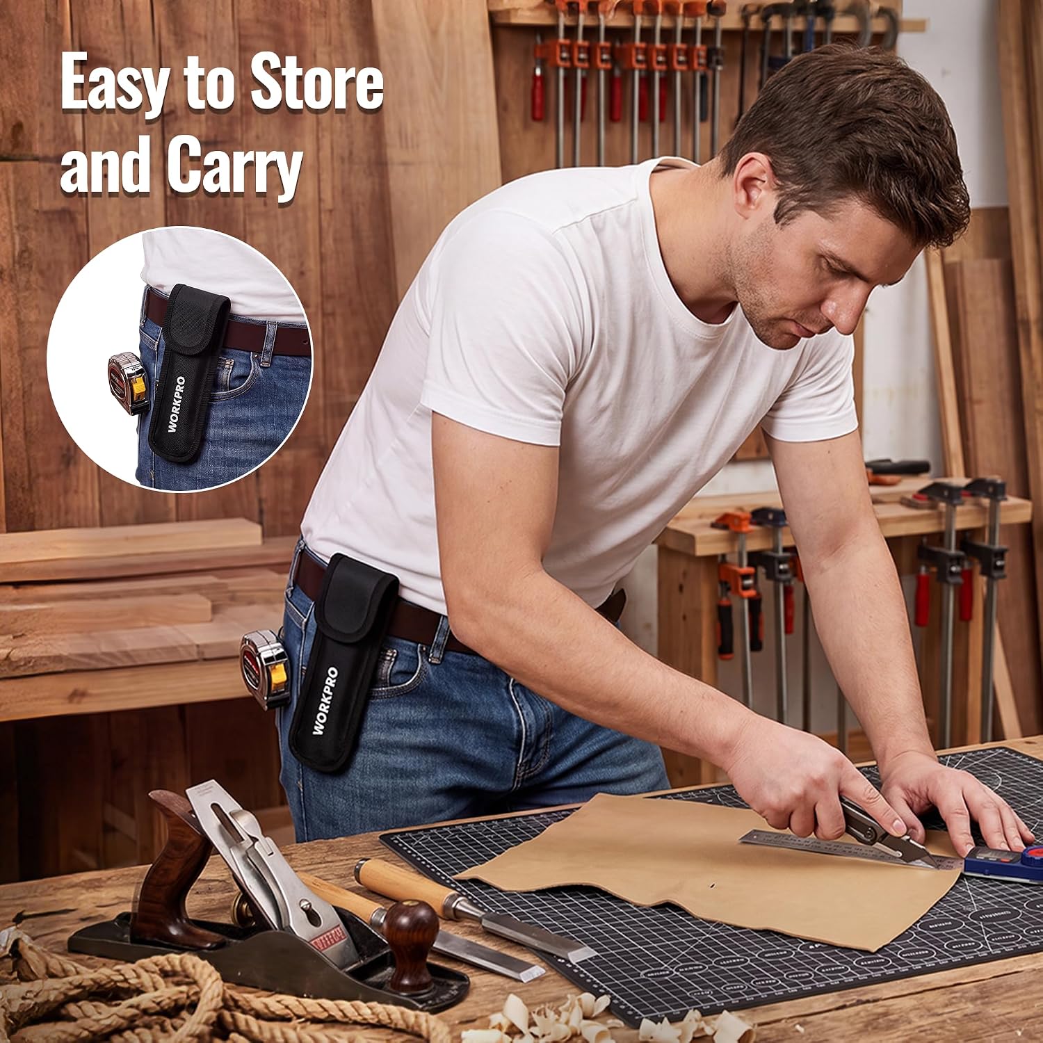 Digital angle finder tool in black case pouch on a carpentry workbench
