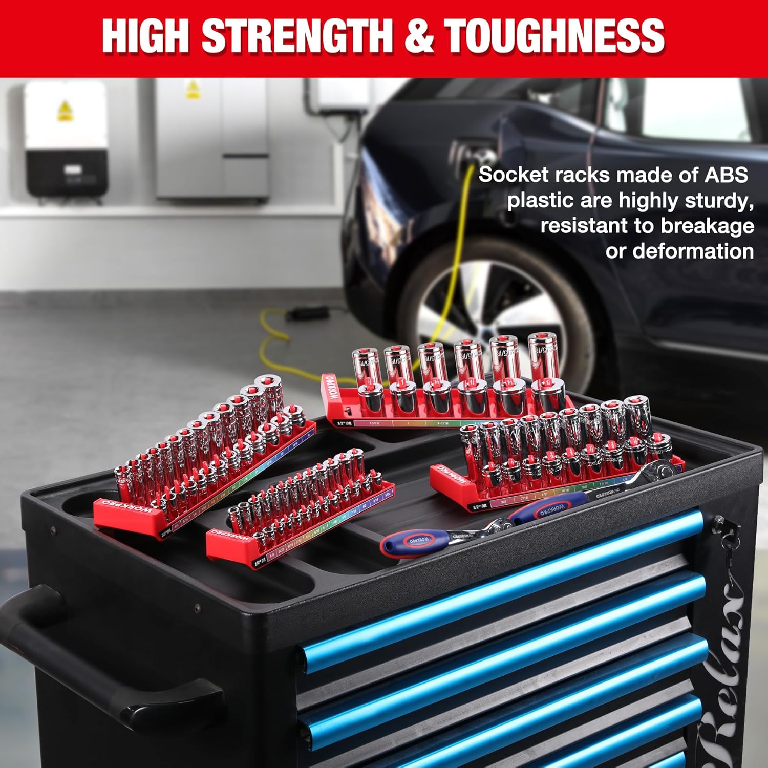 Black tool drawer organizer holding red socket racks with rows of chrome impact sockets