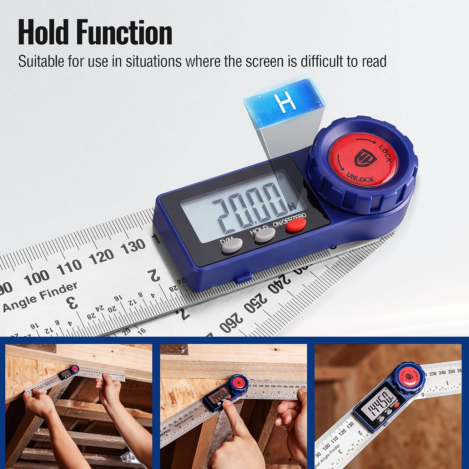 Blue digital angle finder with LCD readout and red lock for measuring angles