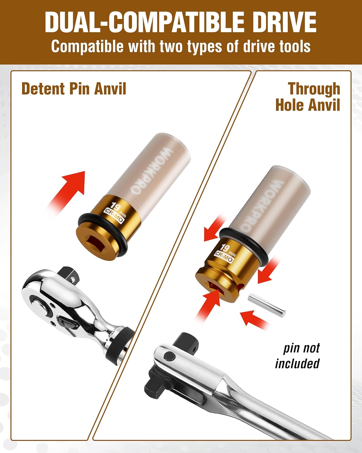 19mm lug nut impact socket compatible with detent pin and through-hole anvils