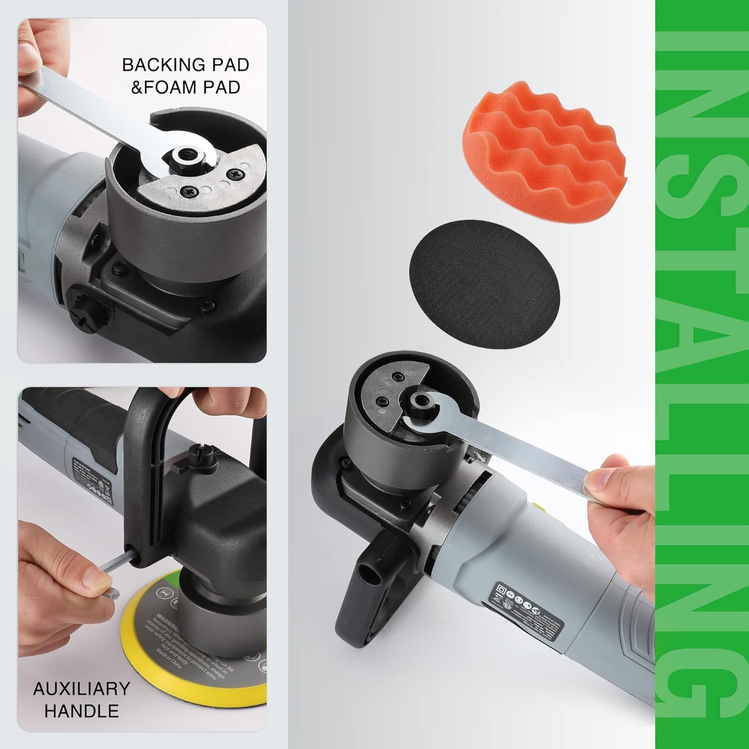 Car polisher parts kit with backing pad, auxiliary handle, and foam and bonnet pads