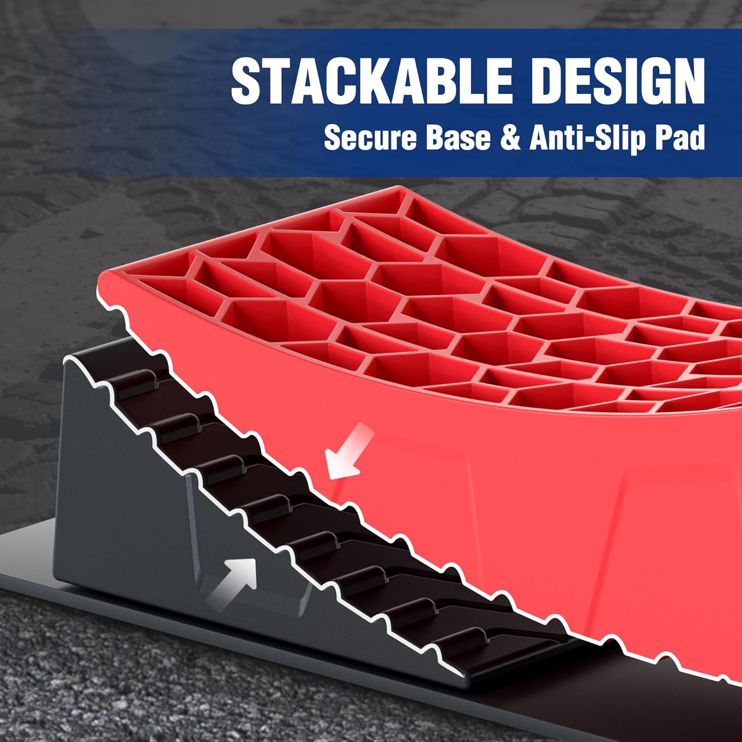 Red stackable RV leveling block with secure base and anti-slip pad, close-up