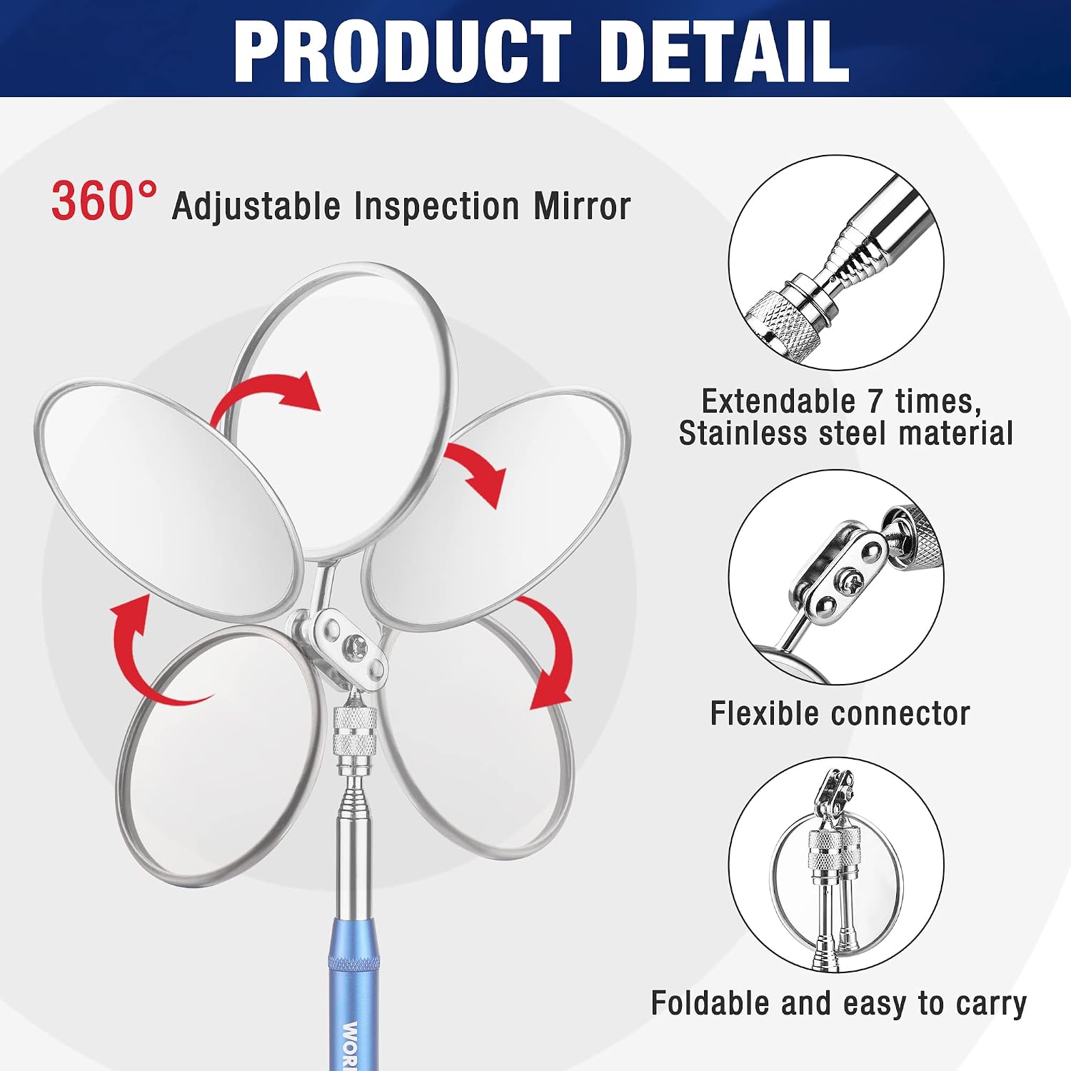 360° adjustable round inspection mirror with telescoping, foldable connector