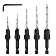 WORKPRO countersink drill bit set with 5 HSS bits and black hex shank holders