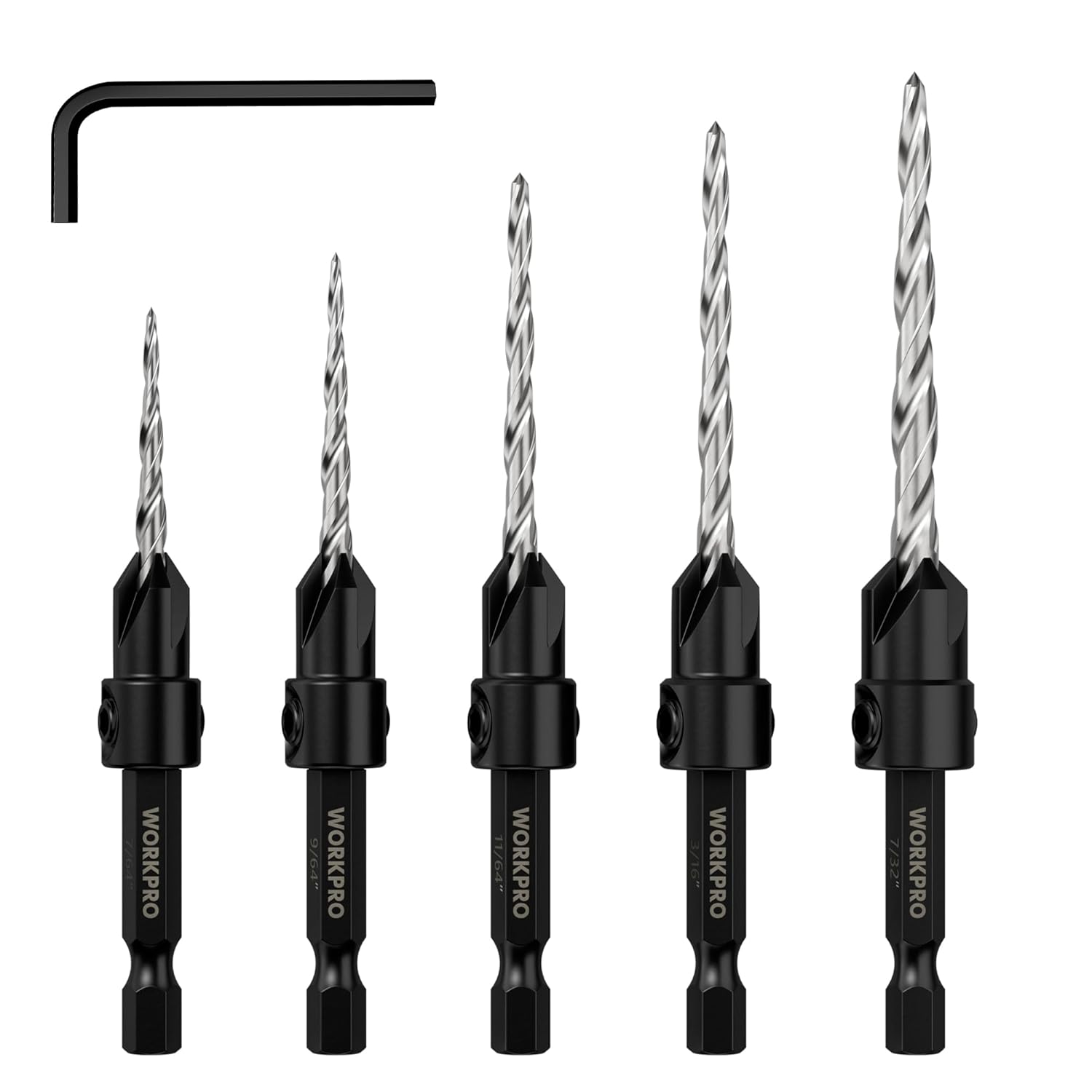 WORKPRO countersink drill bit set with 5 HSS bits and black hex shank holders