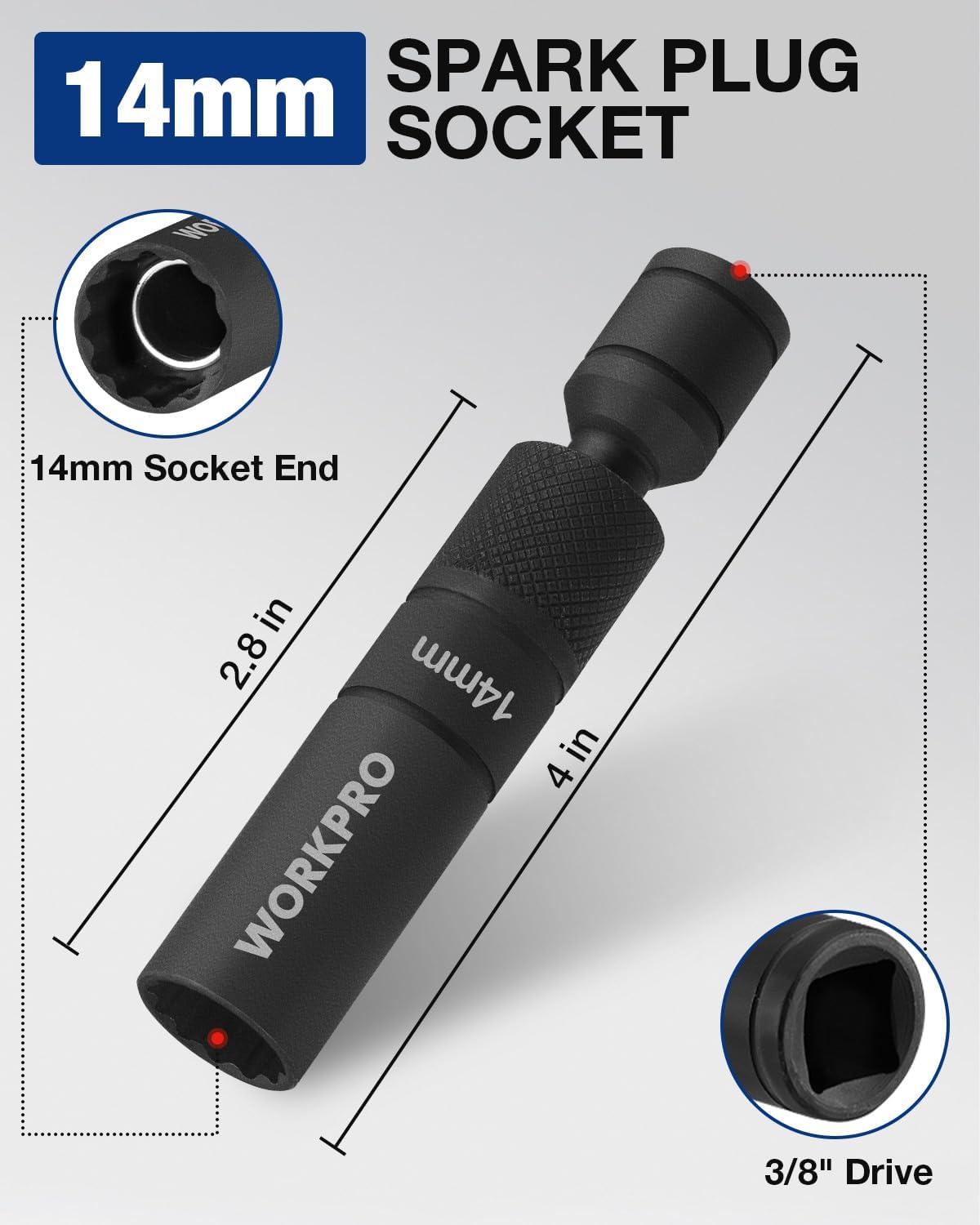 14mm spark plug socket, 12-point magnetic end, 3/8 in drive, black phosphate