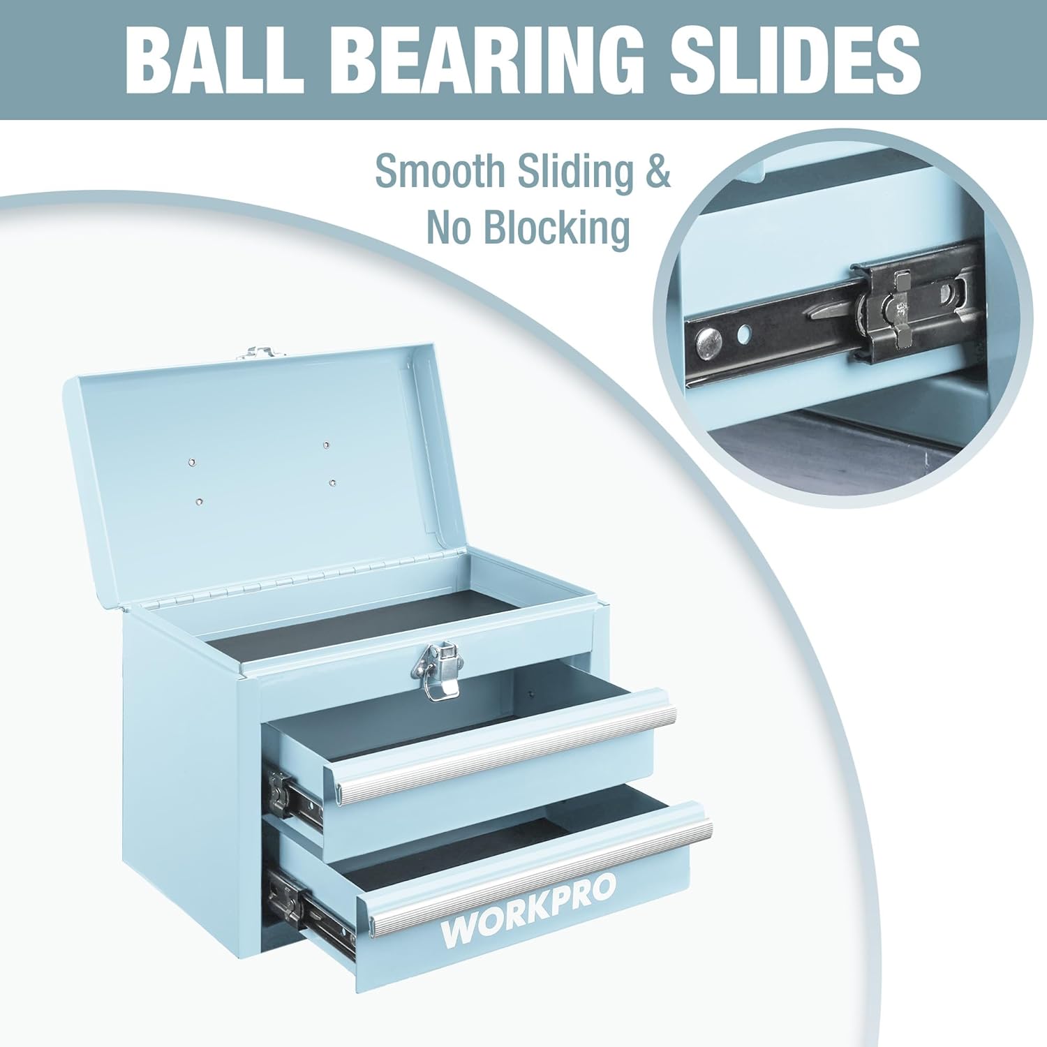 Light blue mini tool box opened to show ball-bearing sliding drawers and inner storage.