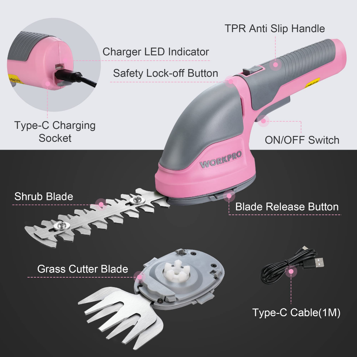 Cordless 2-in-1 shrub and grass trimmer with TPR anti-slip grip and safety lock