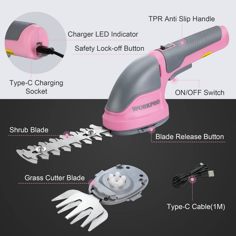 WORKPRO 2 in 1 Handheld 3.6V Electric Cordless Shrubbery Trimmer Hedge Shears/Grass Cutter - Pink Ribbon