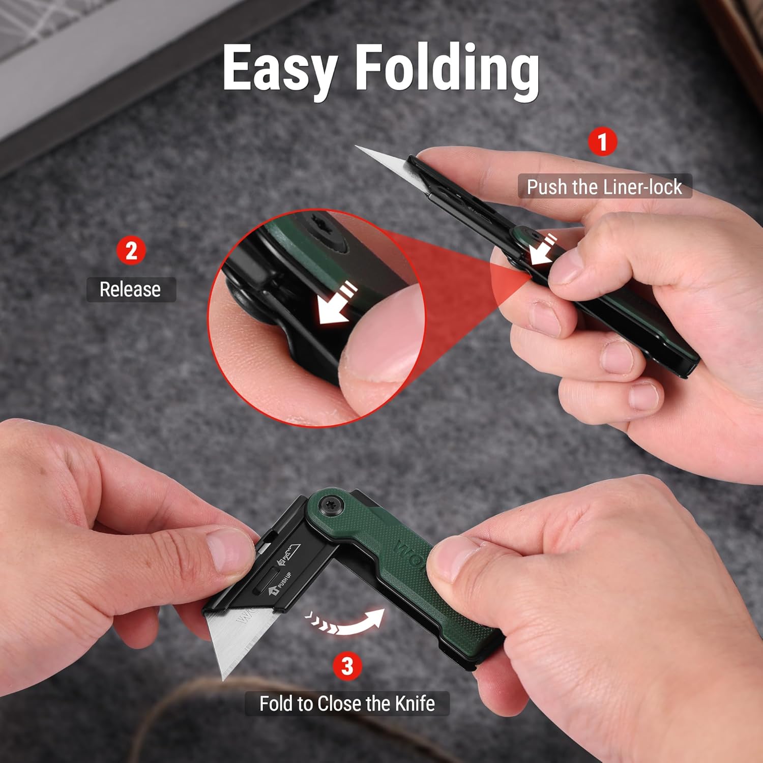 Green folding utility knife opened with liner-lock blade deployed