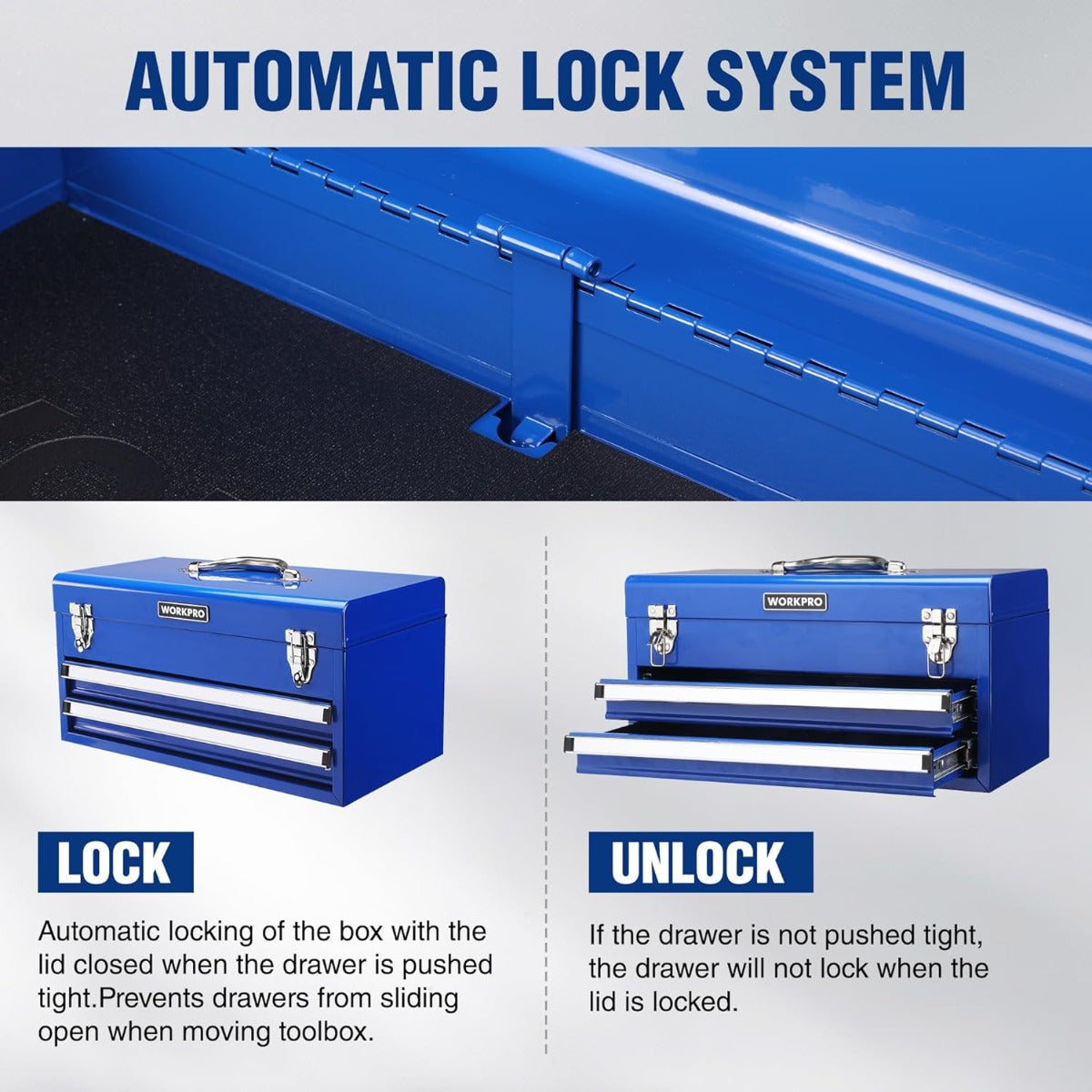 Blue metal tool box base showing automatic lock bar along the drawer track