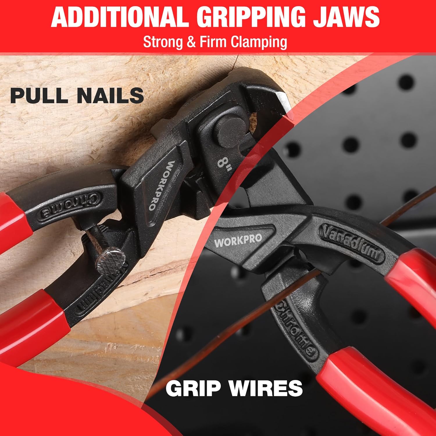 Nail puller pliers with extra gripping jaws for pulling nails and gripping wires
