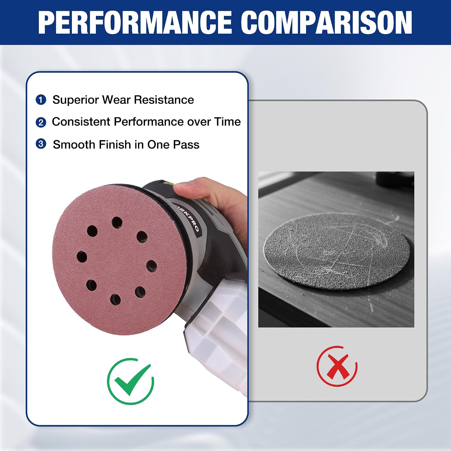 Hook-and-loop orbital sanding disc with 8-hole pattern on a sander, dark red abrasive