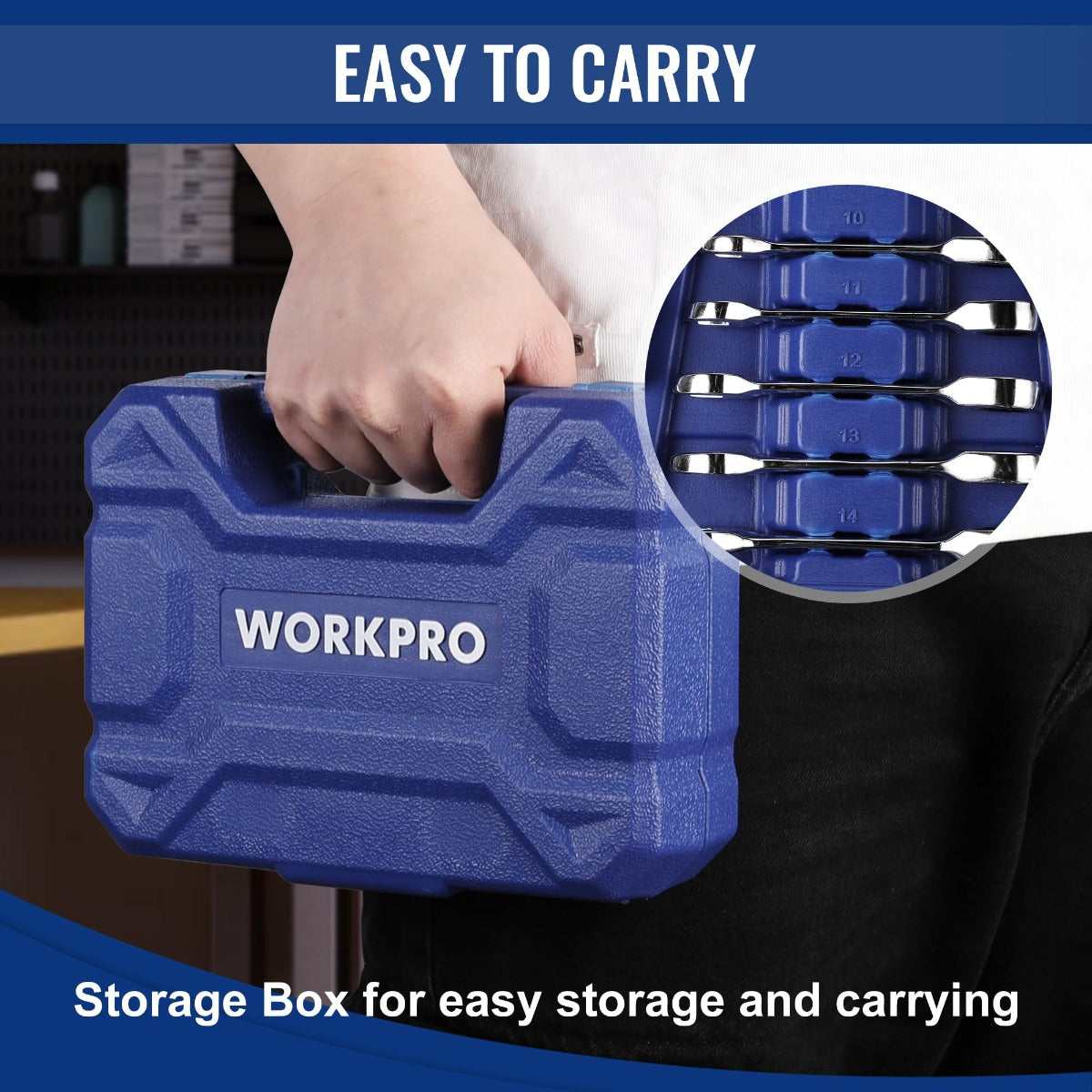 WORKPRO branded blue storage case with space for stubby ratcheting combination wrenches