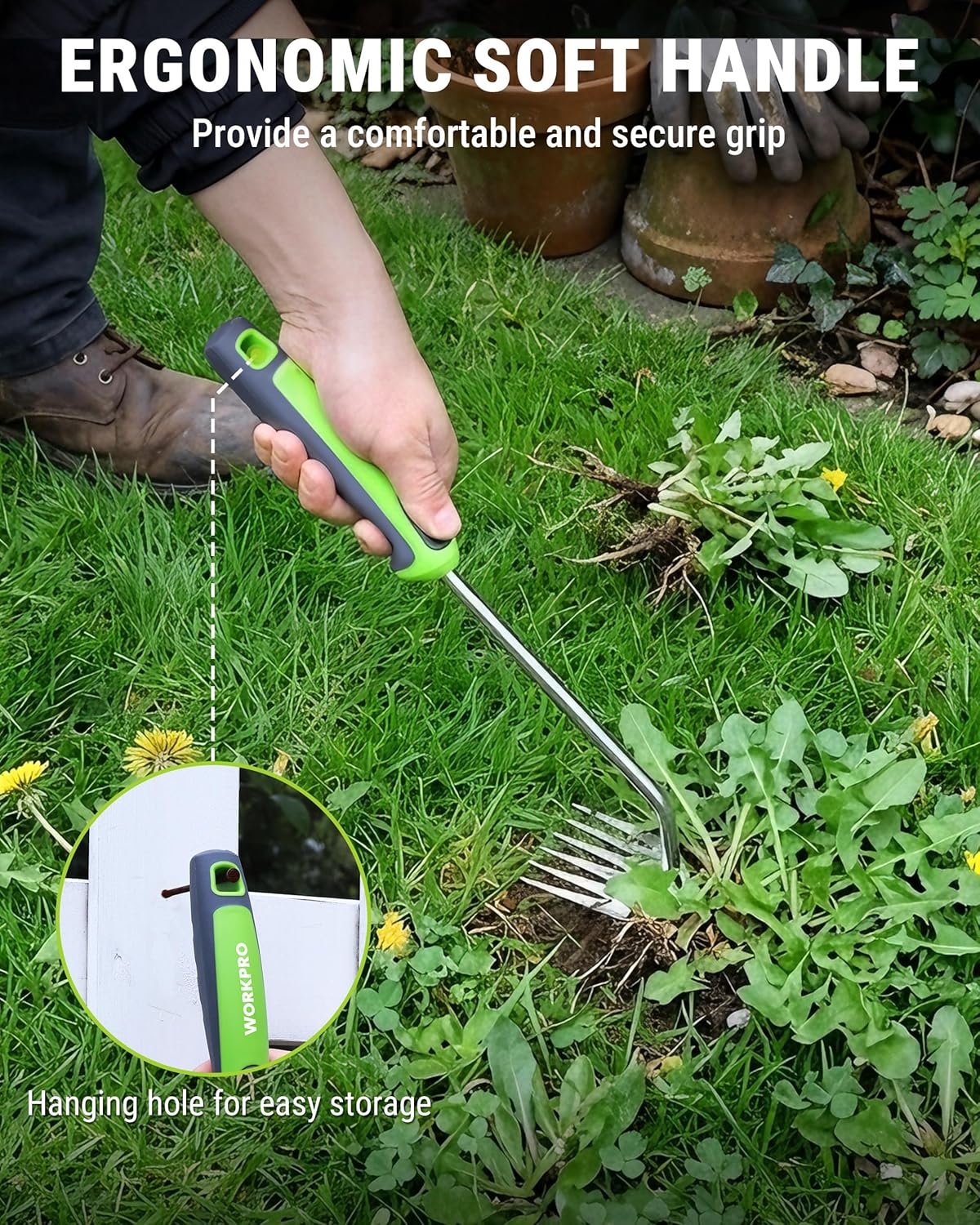 WORKPRO weed puller with green-and-black soft grip and hanging hole for storage.