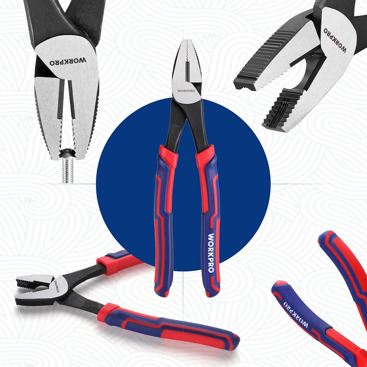 WORKPRO screw extractor pliers shown from multiple angles with red-and-blue grip handles