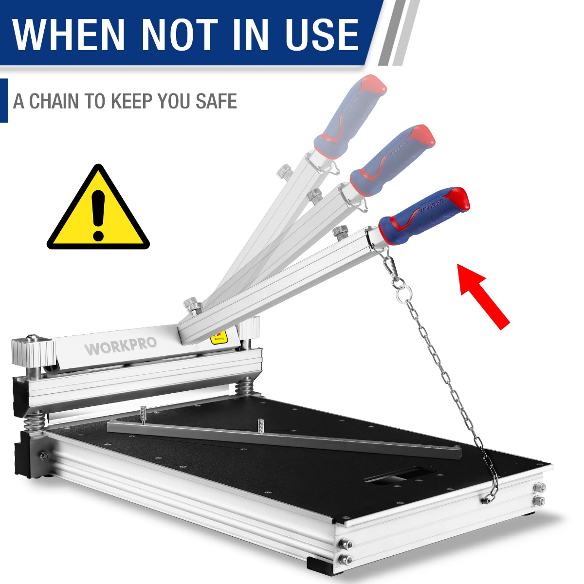 Laminate vinyl floor cutter base with two blue-and-red handles and safety chain