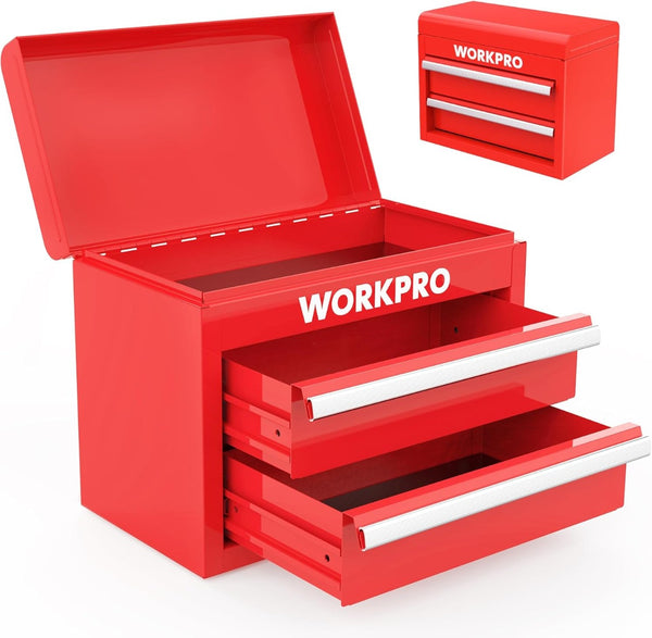 WORKPRO Mini Metal Tool Box with 2 Drawers and Top Storage