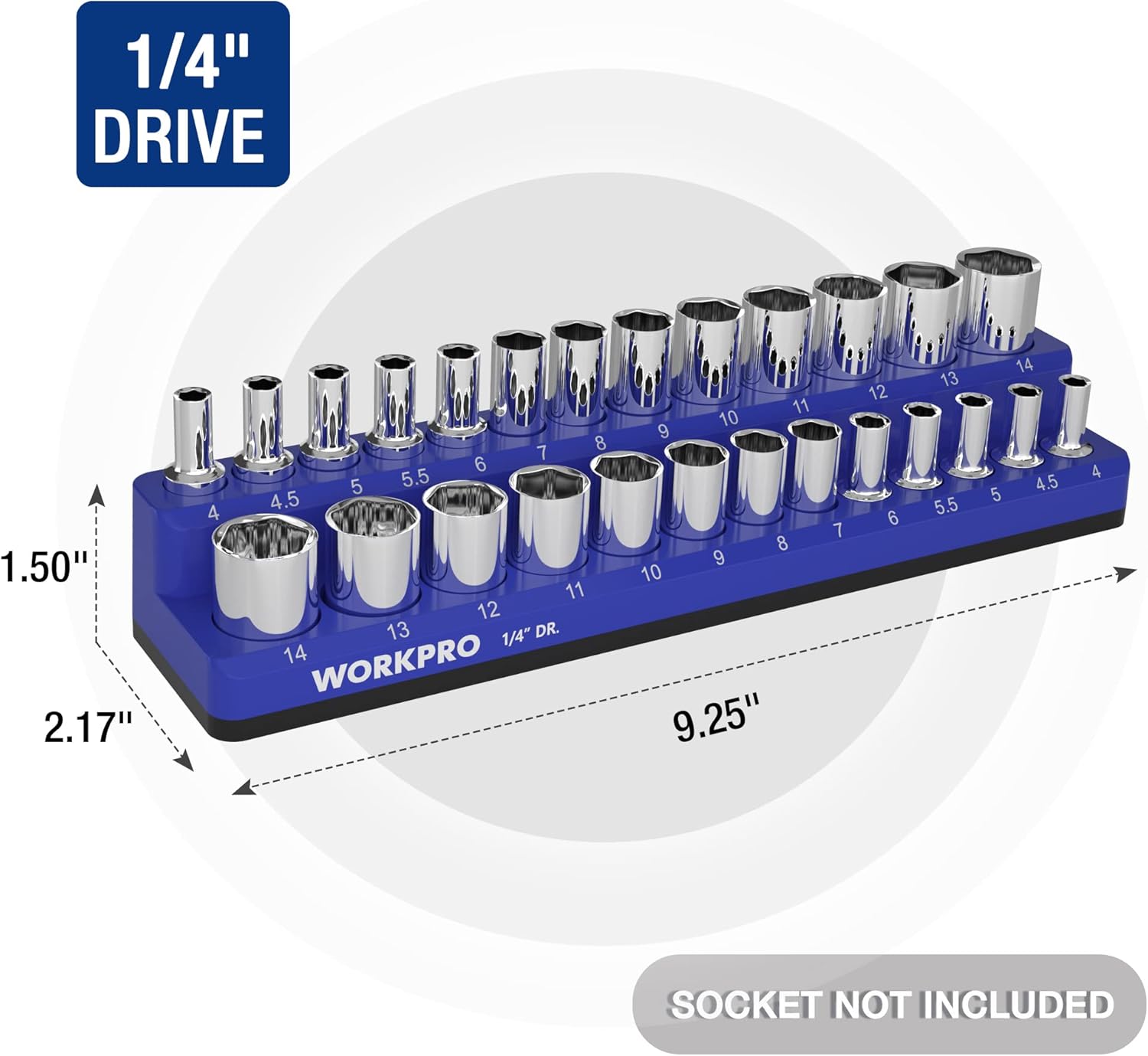 Blue 1/4-inch drive metric magnetic socket organizer with chrome socket holders