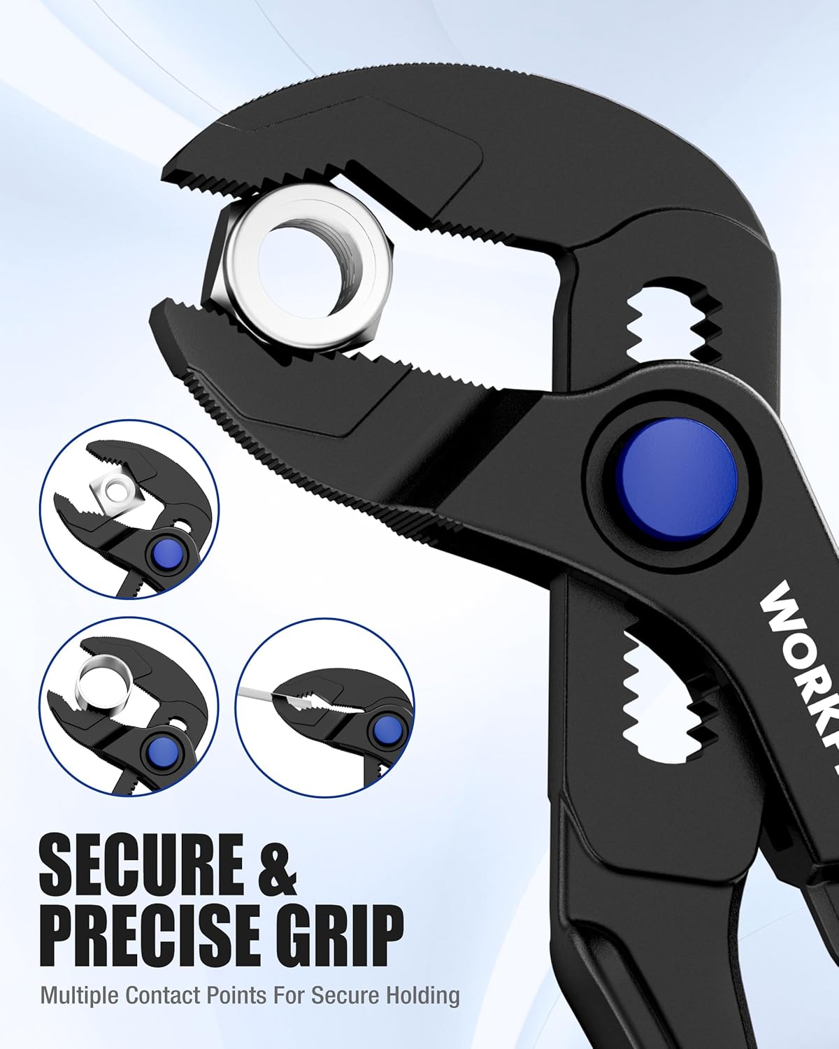 WORKPRO secure grip slip joint pliers with blue pivot ring and toothed jaws