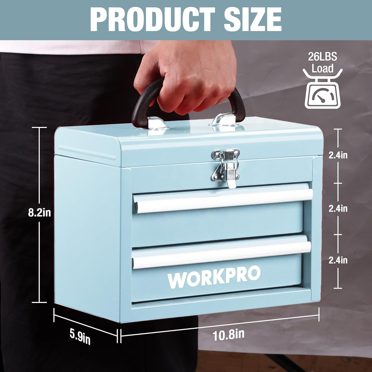 Light blue metal mini tool box with top latch and two front drawers, with carry handle.