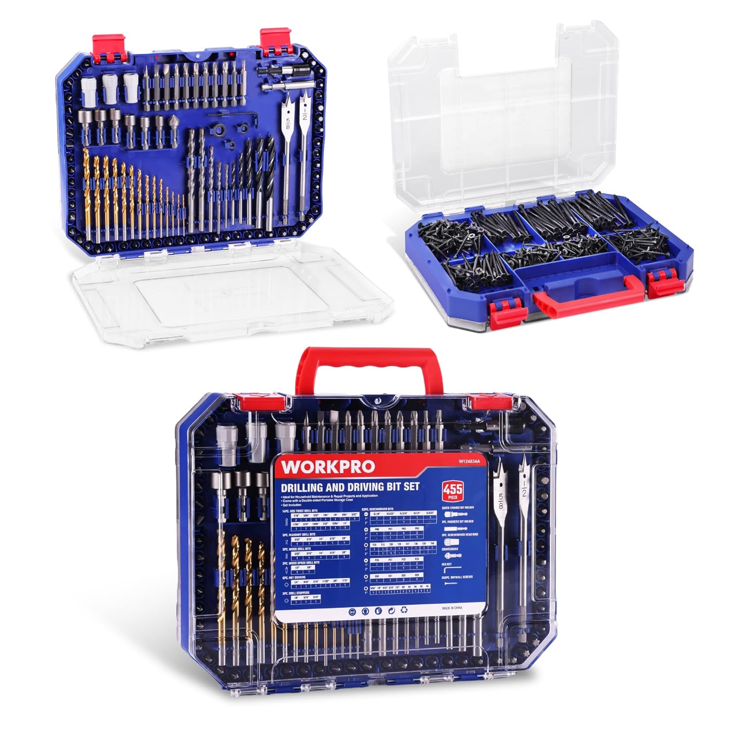 Drill and driver bit set in blue clear-lid storage case with red handle