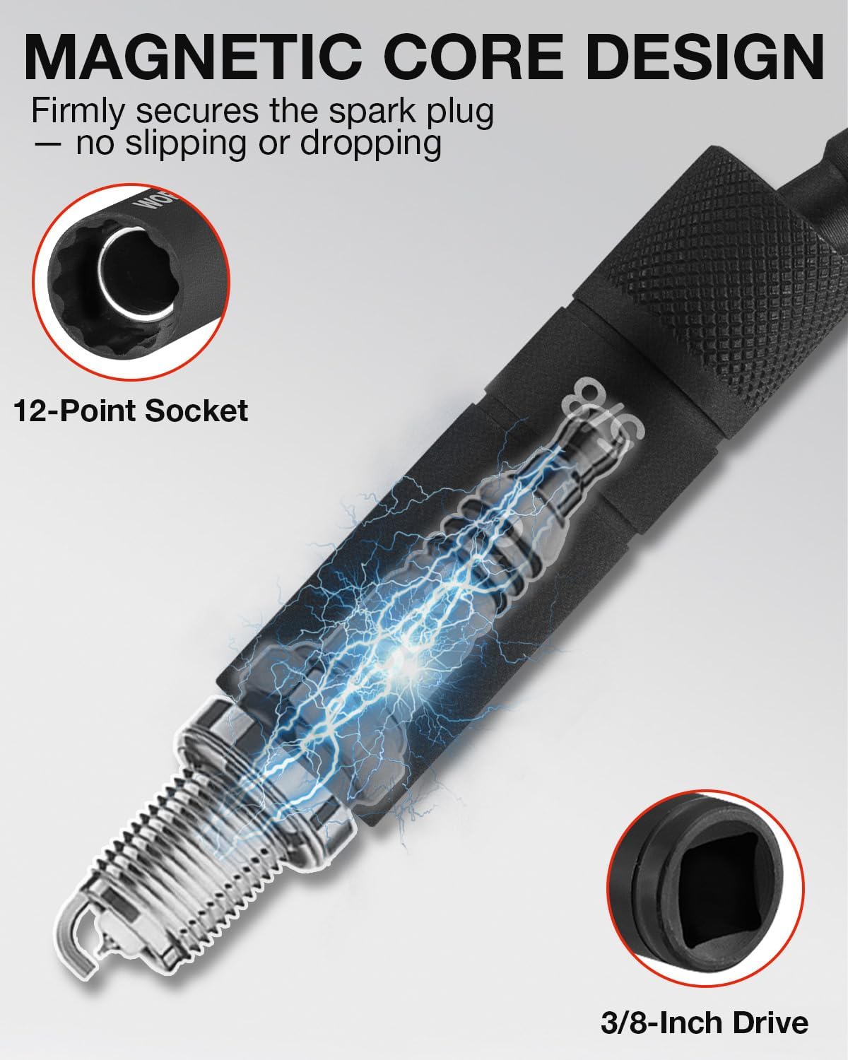 Black 12-point magnetic spark plug socket, 3/8 in drive, thin-wall design
