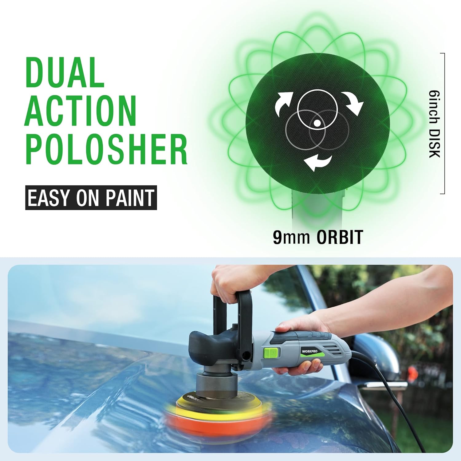 Dual-action polisher running on car paint with 9mm orbit pad
