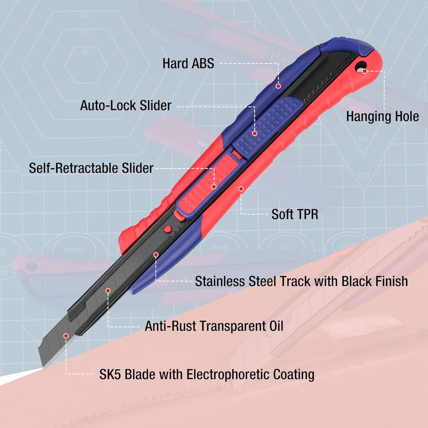 Retractable utility knife with red/blue handle and exposed black blade track