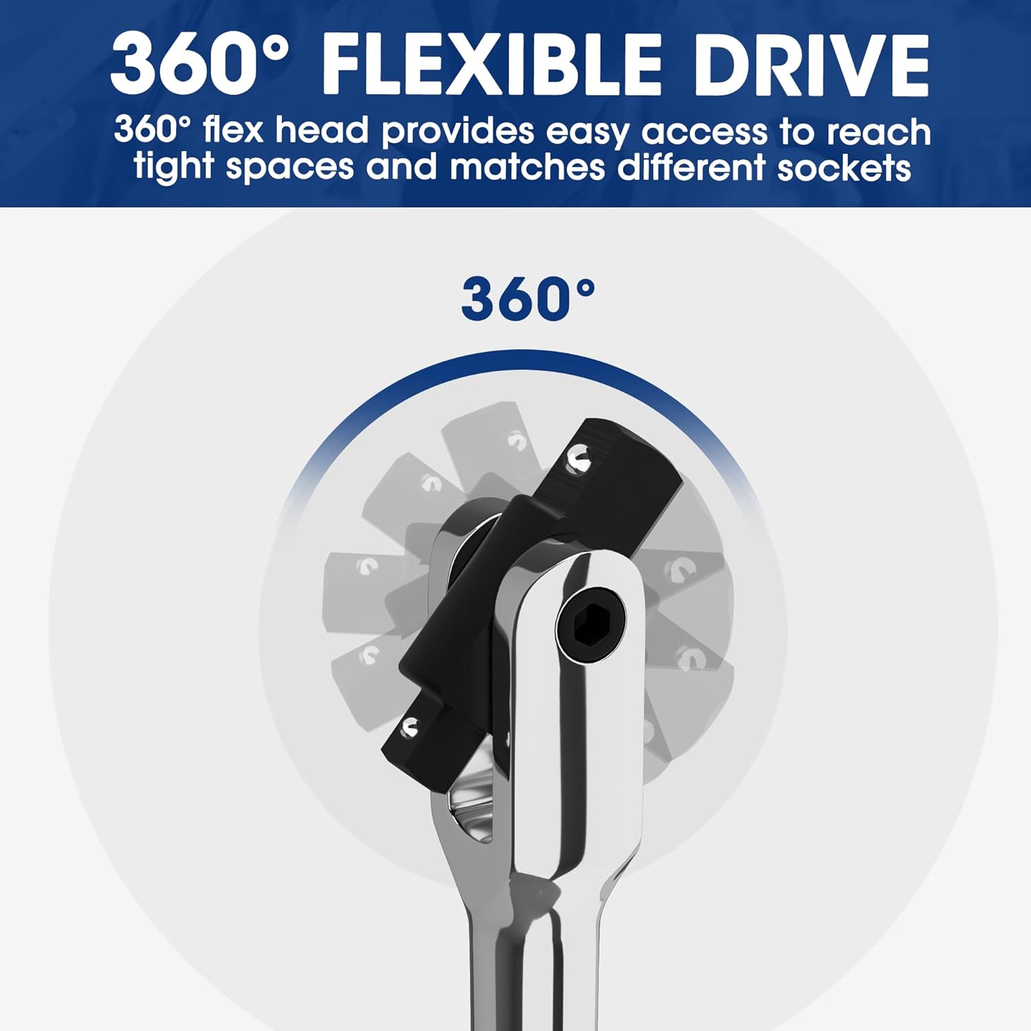 360° rotatable breaker bar head for tight access, chrome shaft
