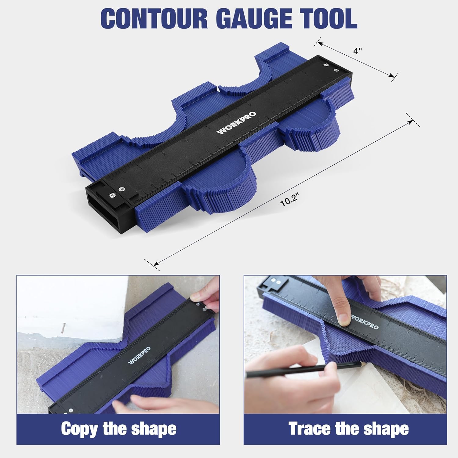 Laminate contour gauge tool with blue plastic comb and black measuring edge