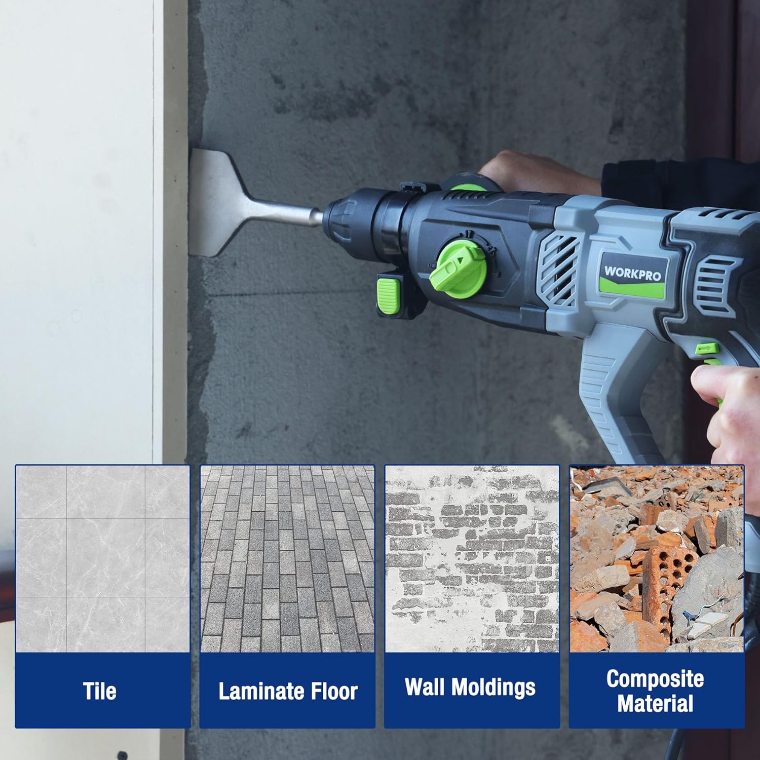 SDS-Plus chisel bit in a power drill tool, angled on a wall surface for removal